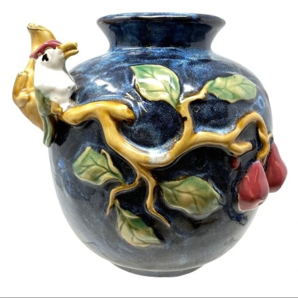Vintage Ceramic Bird Pear Branch Vase Blue Hand Painted Collectible‎ Art